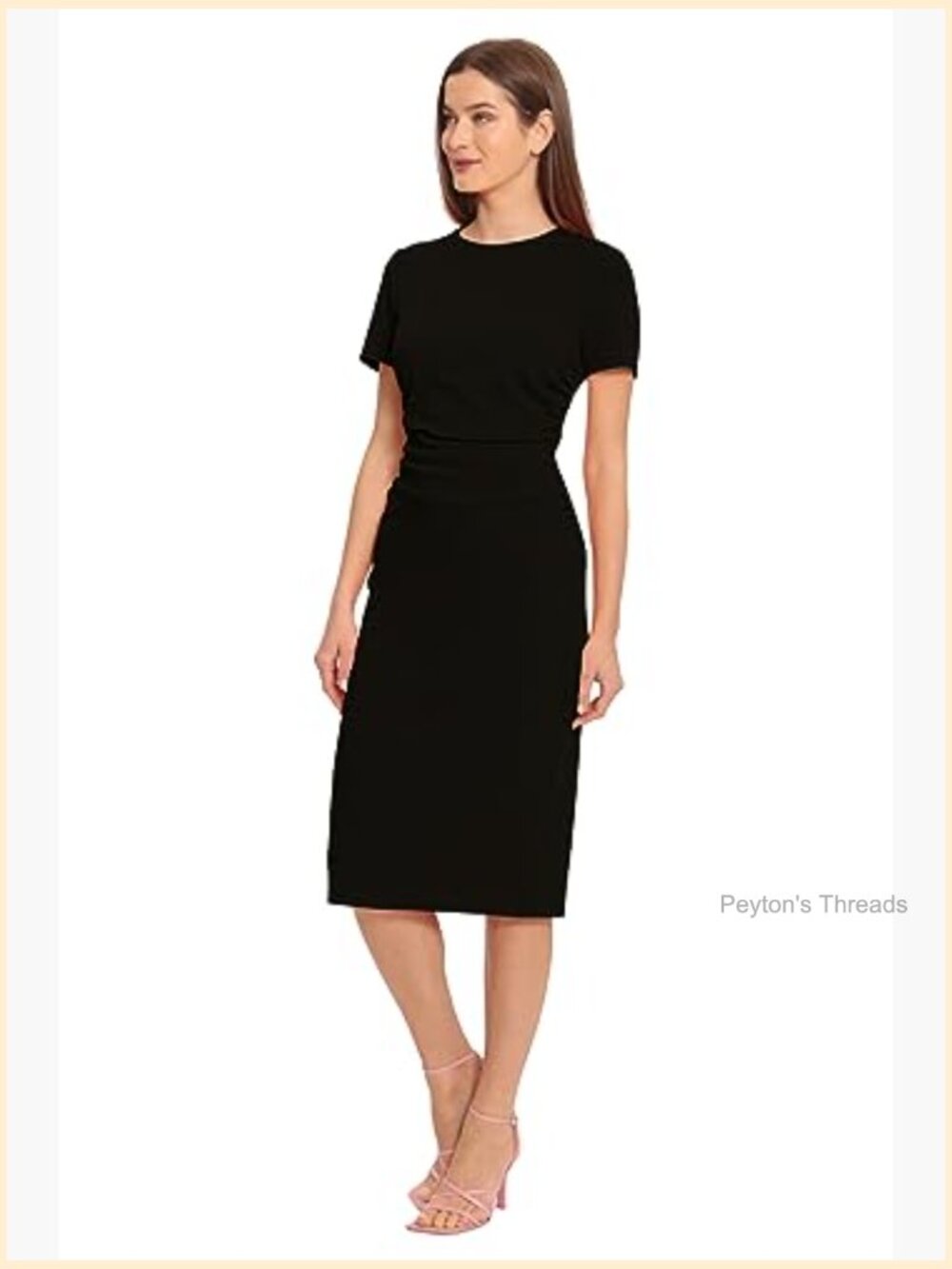 Ruched Waist Crepe Sheath Dress with Jewel Neck Short Sleeves Workwear - Picture 2 of 5